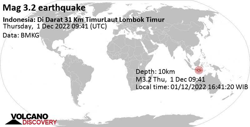 Leichtes Erdbeben der Stärke 3.2 - 55 km nordöstlich von Mataram, Lombok, West Nusa Tenggara, Indonesien, am Donnerstag,  1. Dez 2022 um 17:41 Lokalzeit