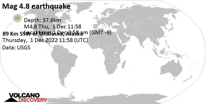 4.8 quake North Pacific Ocean, 56 mi south of Unalaska, Aleutians West, Alaska, USA, Dec 1, 2022 2:58 am (GMT -9)