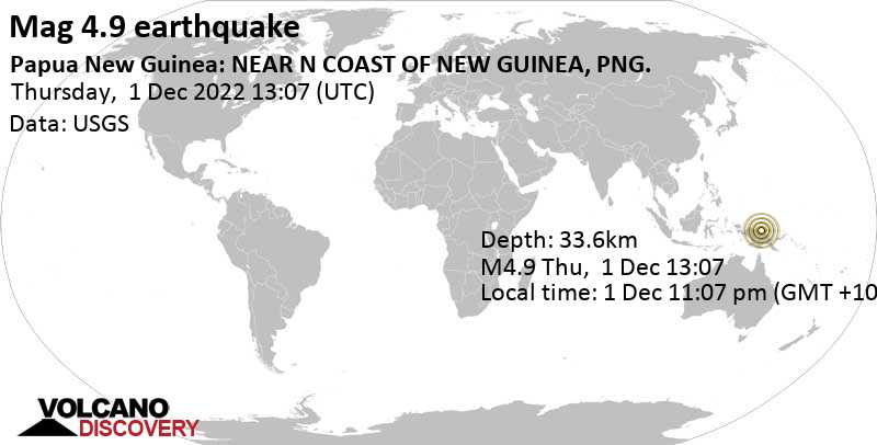 4.9 quake Bismarck Sea, 11 km east of Aitape, West Sepik Province, Papua New Guinea, Dec 1, 2022 11:07 pm (GMT +10)
