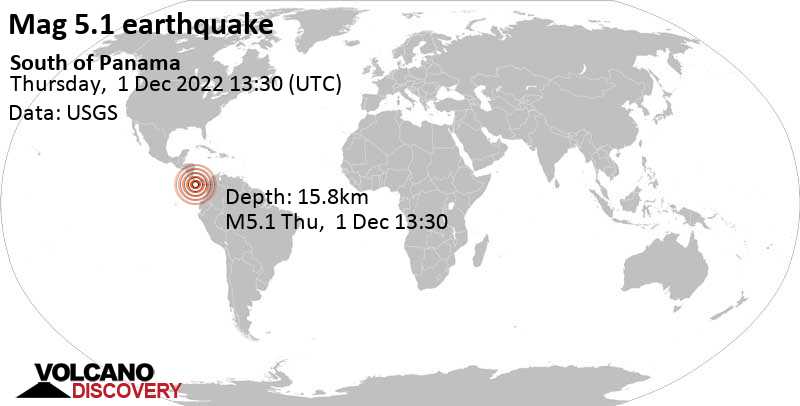 5.1 quake North Pacific Ocean, 92 km south of David, Provincia de Chiriqui, Panama, Dec 1, 2022 8:30 am (GMT -5)