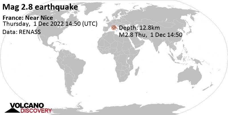 2.8 quake Tyrrhenian Sea, 21 km northeast of Porto-Vecchio, Corse-du-Sud, France, Dec 1, 2022 3:50 pm (GMT +1)