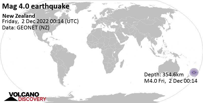 Ελαφρύς σεισμός μεγέθους 4.0 - South Pacific Ocean, Νέα Ζηλανδία, Παρασκευή,  2 Δεκ 2022 13:14 (GMT +13)
