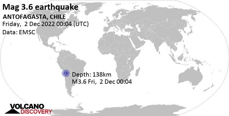 Μικρός σεισμός μεγέθους 3.6 - 148 km βορειοανατολικά από Calama, Provincia de El Loa, Antofagasta, Χιλή, Πέμπτη,  1 Δεκ 2022 21:04 (GMT -3)
