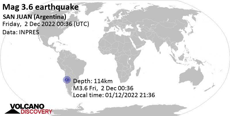 Sehr schwaches Beben Stärke 3.6 - 26 km südlich von San José de Jachal, Departamento de Jachal, San Juan, Argentinien, am Donnerstag,  1. Dez 2022 um 21:36 Lokalzeit