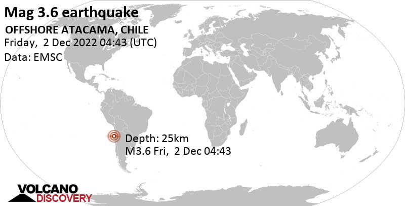 Light mag. 3.6 earthquake - South Pacific Ocean, 166 km northwest of Copiapo, Atacama, Chile, on Thursday, Dec 1, 2022 at 11:43 pm (GMT -5)