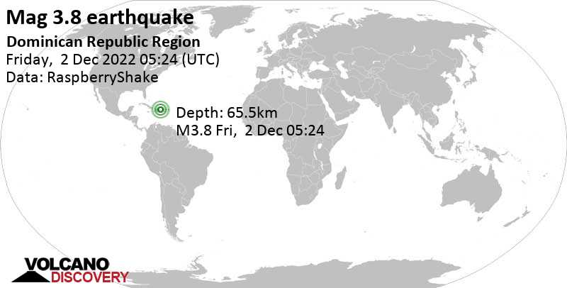 Séisme très faible mag. 3.8 - Provincia de Samana, 26 km au sud-est de Nagua, République dominicaine, vendredi,  2 déc. 2022 01:24 (GMT -4)