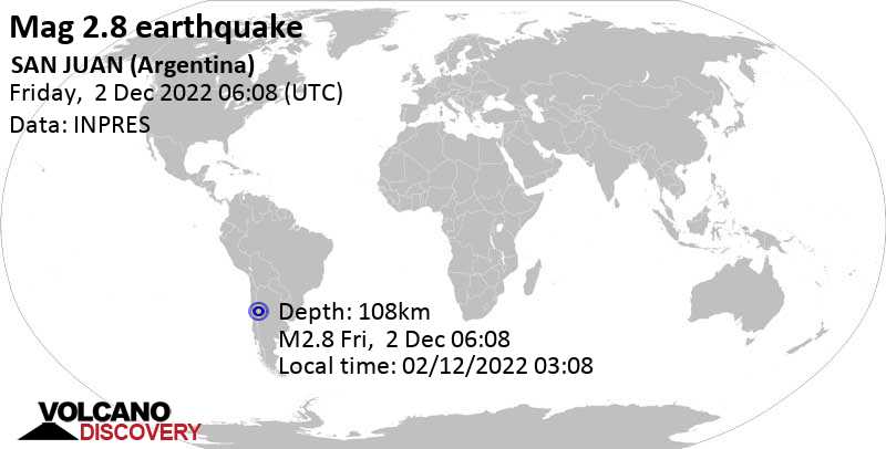 Sehr schwaches Beben Stärke 2.8 - 23 km nördlich von Chimbas, San Juan, Argentinien, am Freitag,  2. Dez 2022 um 03:08 Lokalzeit