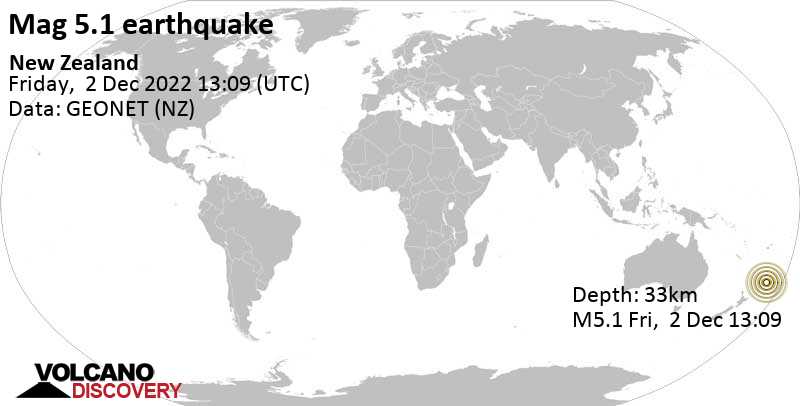 Μέτριος σεισμός μεγέθους 5.1 - South Pacific Ocean, Νέα Ζηλανδία, Σάββατο,  3 Δεκ 2022 02:09 (GMT +13)