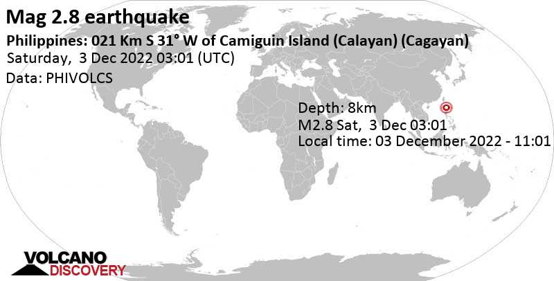 Schwaches Erdbeben Stärke 2.8 - South China Sea, 44 km nördlich von Aparri, Cagayan, Philippinen, am Samstag,  3. Dez 2022 um 11:01 Lokalzeit