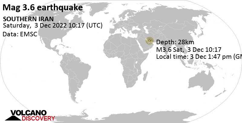 Light mag. 3.6 earthquake - 53 km southwest of Gerāsh, Gerash, Fars, Iran, on Saturday, Dec 3, 2022 at 1:47 pm (GMT +3:30)