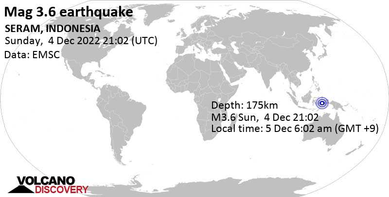 Sehr schwaches Beben Stärke 3.6 - Banda Sea, 19 km südwestlich von Ambon, Maluku, Indonesien, am Montag,  5. Dez 2022 um 06:02 Lokalzeit