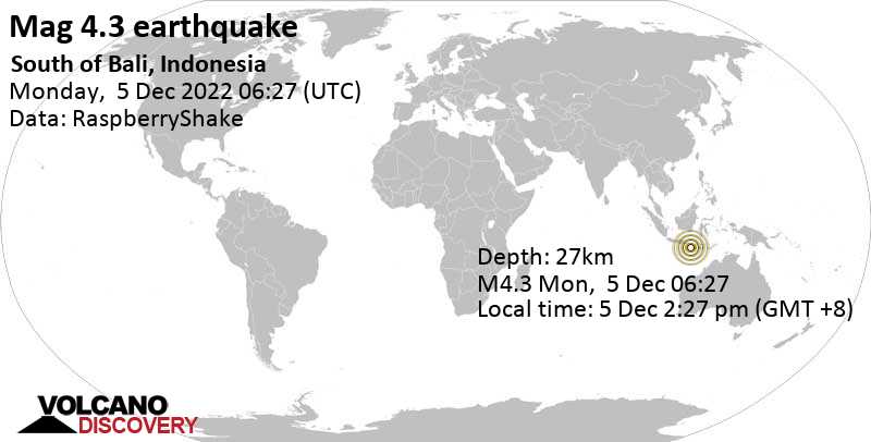 Terremoto leve mag. 4.3 - Indian Ocean, 132 km S of Matalam, Lombok, West Nusa Tenggara, Indonesia, lunes,  5 dic 2022 14:27 (GMT +8)