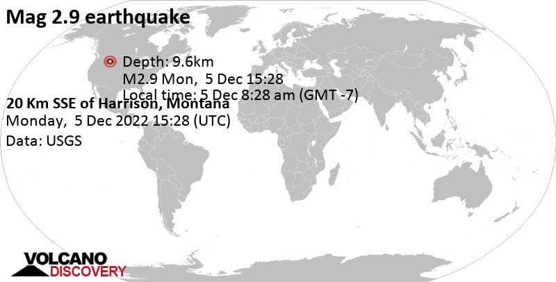 Αδύναμος σεισμός μεγέθους 2.9 - 51 km δυτικά από Bozeman, Gallatin County, Μοντάνα, Ηνωμένες Πολιτείες, Δευτέρα,  5 Δεκ 2022 08:28 (GMT -7)