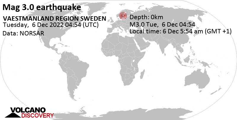 Слабое землетрясение маг. 3.0 - 72 km к северо-востоку от Уппсала, Швеция, Вторник,  6 дек 2022 05:54 (GMT +1)