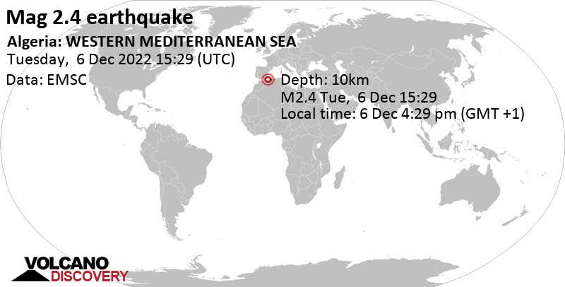 Weak mag. 2.4 earthquake - Western Mediterranean, 31 km northwest of Mostaganem, Algeria, on Tuesday, Dec 6, 2022 at 4:29 pm (GMT +1)