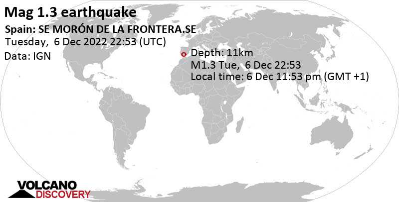 Minor mag. 1.3 earthquake - Spain: SE MORÓN DE LA FRONTERA.SE on Tuesday, Dec 6, 2022 at 11:53 pm (GMT +1)