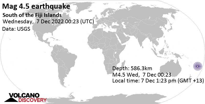 Light mag. 4.5 earthquake - South Pacific Ocean, Fiji, on Wednesday, Dec 7, 2022 at 1:23 pm (GMT +13)