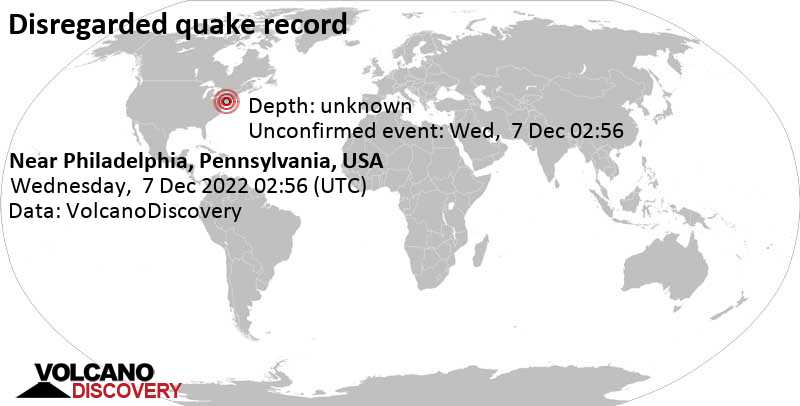 Reported seismic-like event (likely no quake): 23 mi north of Philadelphia, Filadelfia konderria County, Pennsylvania, USA, Tuesday, Dec 6, 2022 at 9:56 pm (GMT -5)