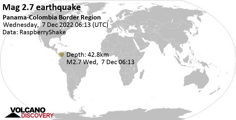 Minor mag. 2.7 earthquake - 21 km southeast of Riosucio, Departamento del Choco, Colombia, on Wednesday, Dec 7, 2022 at 1:13 am (GMT -5)