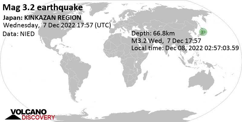 Minor mag. 3.2 earthquake - Tashiro Jima, 18 km southeast of Ishinomaki, Honshu-miyagi-ken, Japan, on Thursday, Dec 8, 2022 at 2:57 am (GMT +9)