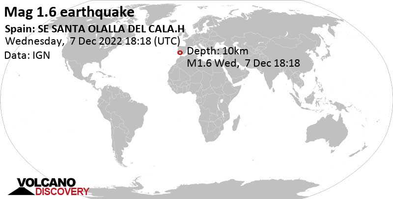 Minor mag. 1.6 earthquake - Spain: SE SANTA OLALLA DEL CALA.H on Wednesday, Dec 7, 2022 at 7:18 pm (GMT +1)