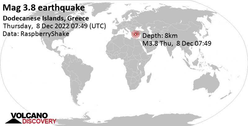 3.8 quake Aegean Sea, 33 km southeast of Bodrum, Muğla, Turkey, Dec 8, 2022 10:49 am (GMT +3)