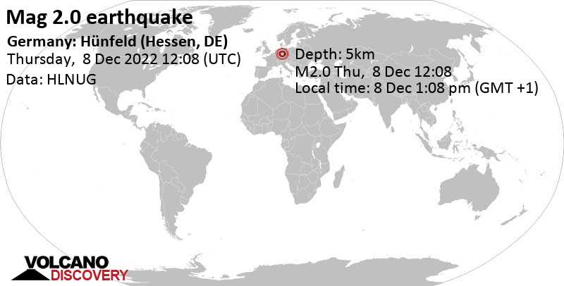 Weak mag. 2.0 earthquake - 7.2 km east of Hünfeld, Kassel, Hesse, Germany, on Thursday, Dec 8, 2022 at 1:08 pm (GMT +1)