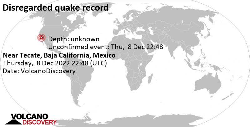 Rivisto come sismo che non ha avuto luogo: magnitudo 3.0, 39 km a nord ovest da Tecate, Baja California, Messico, giovedì,  8 dic 2022 14:48 (GMT -8)