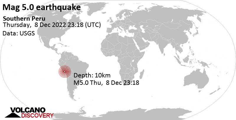 5.0 quake 95 km northwest of Cono Norte, Arequipa, Peru, Dec 8, 2022 6:18 pm (GMT -5)