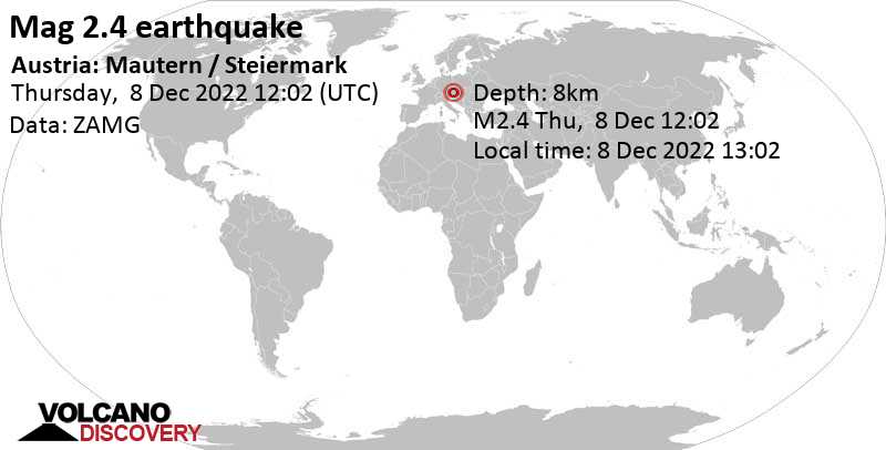 Weak mag. 2.4 earthquake - 20 km west of Trofaiach, Politischer Bezirk Leoben, Styria, Austria, on Thursday, Dec 8, 2022 at 1:02 pm (GMT +1)