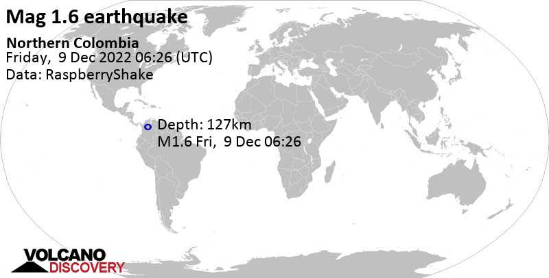 Незначительное землетрясение маг. 1.6 - Antioquia, 66 km к юго-востоку от Барранкабермеха, Колумбия, Пятница,  9 дек 2022 01:26 (GMT -5)