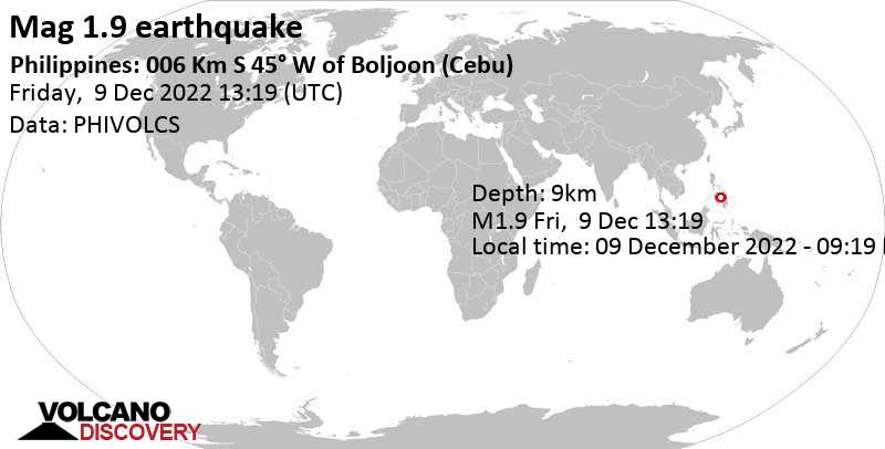 Sehr schwaches Beben Stärke 1.9 - 35 km nordöstlich von Dumaguete City, Philippinen, am Freitag,  9. Dez 2022 um 21:19 Lokalzeit