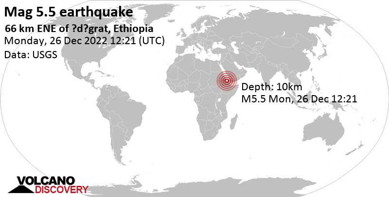 Strong power. 5.1 earthquake - Āfar, 62 km northeast of Ādīgrat, Tigray, Ethiopia, on Monday 26 December 2022 at 15:21 (GMT +3)