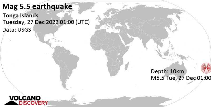 Сильное землетрясение магнитудой 5.5 - South Pacific Ocean, 123 km к юго-востоку от Нукуалофа, Тонга, Вторник, 27 дек 2022 14:00 (GMT +13)