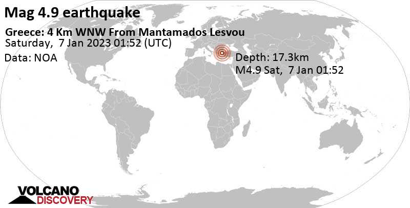 Moderate mag. 4.9 earthquake - 33 km northwest of Mitilini, Lesvos, North Aegean, Greece, on Saturday, Jan 7, 2023 at 3:52 am (GMT +2)