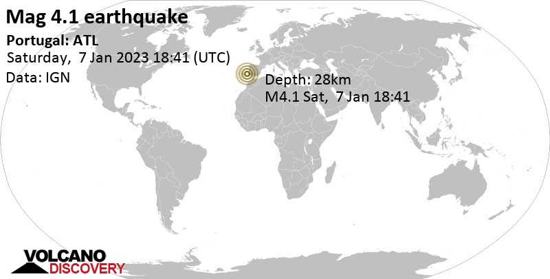 Leichtes Erdbeben der Stärke 4.1 - North Atlantic Ocean, 98 km südwestlich von Setubal, Portugal, am Samstag,  7. Jan 2023 um 17:41 Lokalzeit