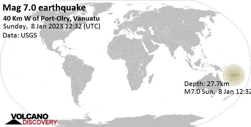 7.0 quake Coral Sea, 72 km northwest of Santo, Luganville, Sanma Province, Vanuatu, Jan 8, 2023 11:32 pm (GMT +11)