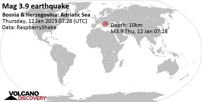 Умеренное землетрясение маг. 3.9 - 48 km к югу от Мостар, Босния и Герцеговина, Четверг, 12 янв 2023 08:28 (GMT +1)