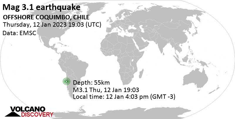 Weak mag. 3.1 earthquake - South Pacific Ocean, 25 km northwest of La Serena, Provincia de Elqui, Coquimbo Region, Chile, on Thursday, Jan 12, 2023 at 4:03 pm (GMT -3)