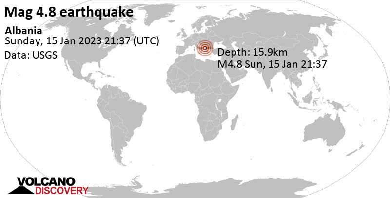 Terremoto moderado mag. 4.8 - 20 km NE of Tirana, Albania, domingo, 15 ene 2023 22:37 (GMT +1)
