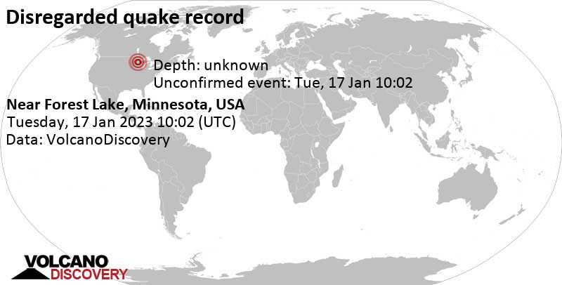 Unconfirmed earthquake or earthquake-like event: 29 km NE of Forest Lake, Washington County, Minnesota, USA, on Tuesday, Jan 17, 2023 at 04:02 local time