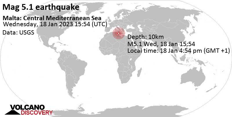 Strong mag. 5.1 earthquake - Eastern Mediterranean, 115 km south of Birkirkara, Malta, on Wednesday, Jan 18, 2023 at 4:54 pm (GMT +1)
