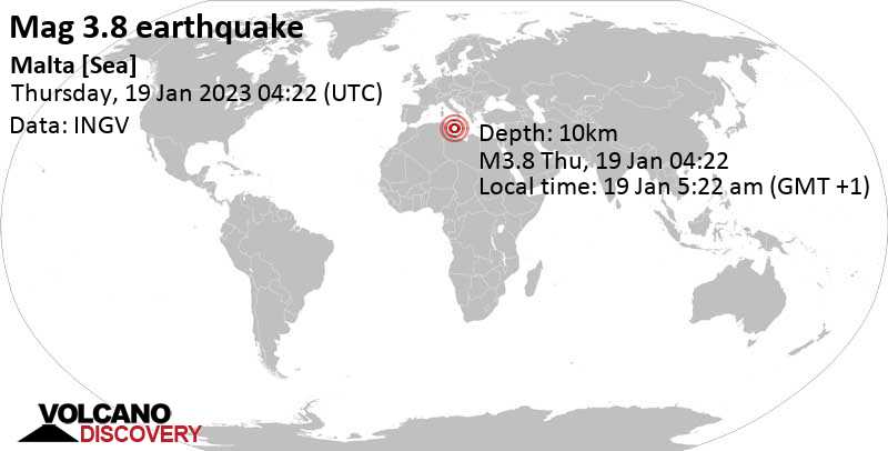 Leichtes Erdbeben der Stärke 3.8 - Östliches Mittelmeer, 118 km südlich von Birkirkara, Malta, am Donnerstag, 19. Jan 2023 um 05:22 Lokalzeit