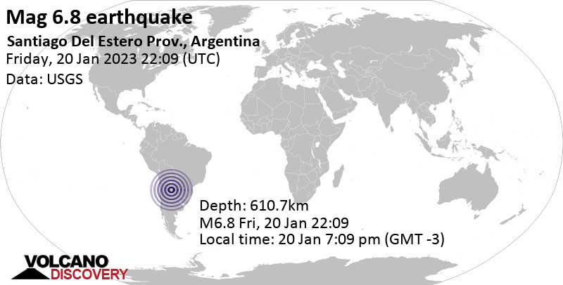 6.8 quake Santiago Del Estero Prov., Argentina, Jan 20, 2023 7:09 pm (GMT -3)