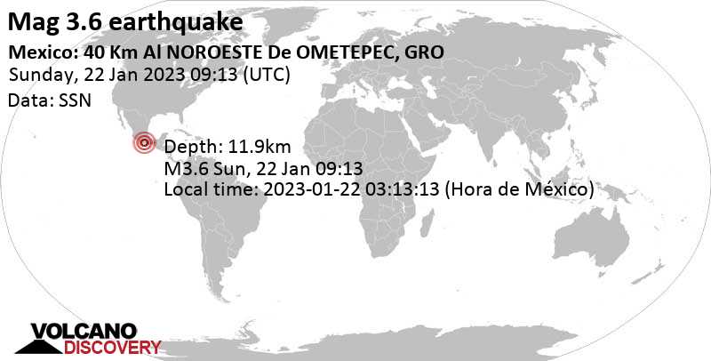 Quake Info: Mag. 3.6 Earthquake - 40 km Northwest of Ometepec, Guerrero, Mexico, on Sunday, Jan 22, at 3:13 am (GMT -6)