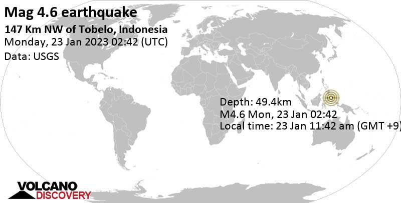 4.6 quake Molucca Sea, 226 km north of Ternate, North Maluku, Indonesia, Jan 23, 2023 11:42 am (GMT +9)