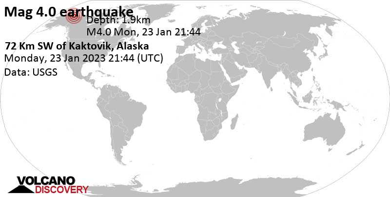 Moderates Erdbeben der Stärke 4.0 - 159 km südöstlich von Prudhoe Bay, North Slope, Alaska, USA, am Montag, 23. Jan 2023 um 12:44 Lokalzeit