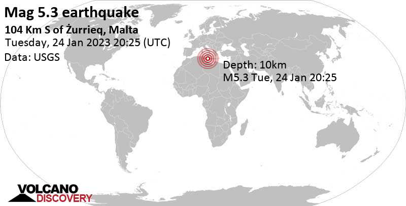 Strong mag. 5.3 earthquake - Eastern Mediterranean, 112 km south of Birkirkara, Malta, on Tuesday, Jan 24, 2023 at 9:25 pm (GMT +1)
