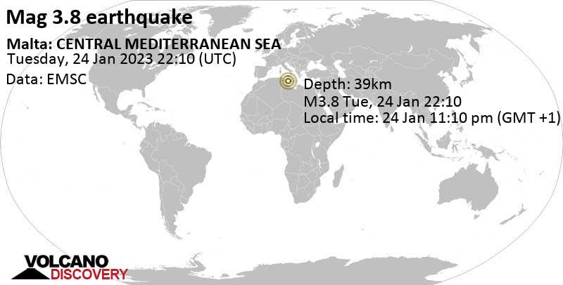 Light mag. 3.8 earthquake - Eastern Mediterranean, 136 km south of Birkirkara, Malta, on Tuesday, Jan 24, 2023 at 11:10 pm (GMT +1)