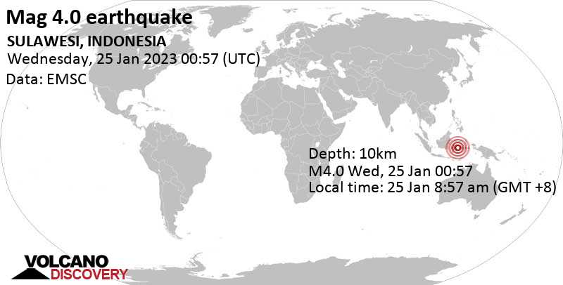 Moderate mag. 4.0 earthquake - Banda Sea, 129 km north of Kendari, Southeast Sulawesi, Indonesia, on Wednesday, Jan 25, 2023 at 8:57 am (GMT +8)